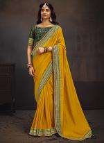 Vichitra Blooming Yellow Wedding Wear Embroidery Work Saree